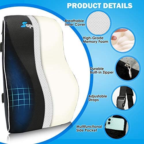 Adjustable Strap Lumbar Back Cushion: Back Support Pillow Memory Foam Car  Office Chair (Blue Cushion)